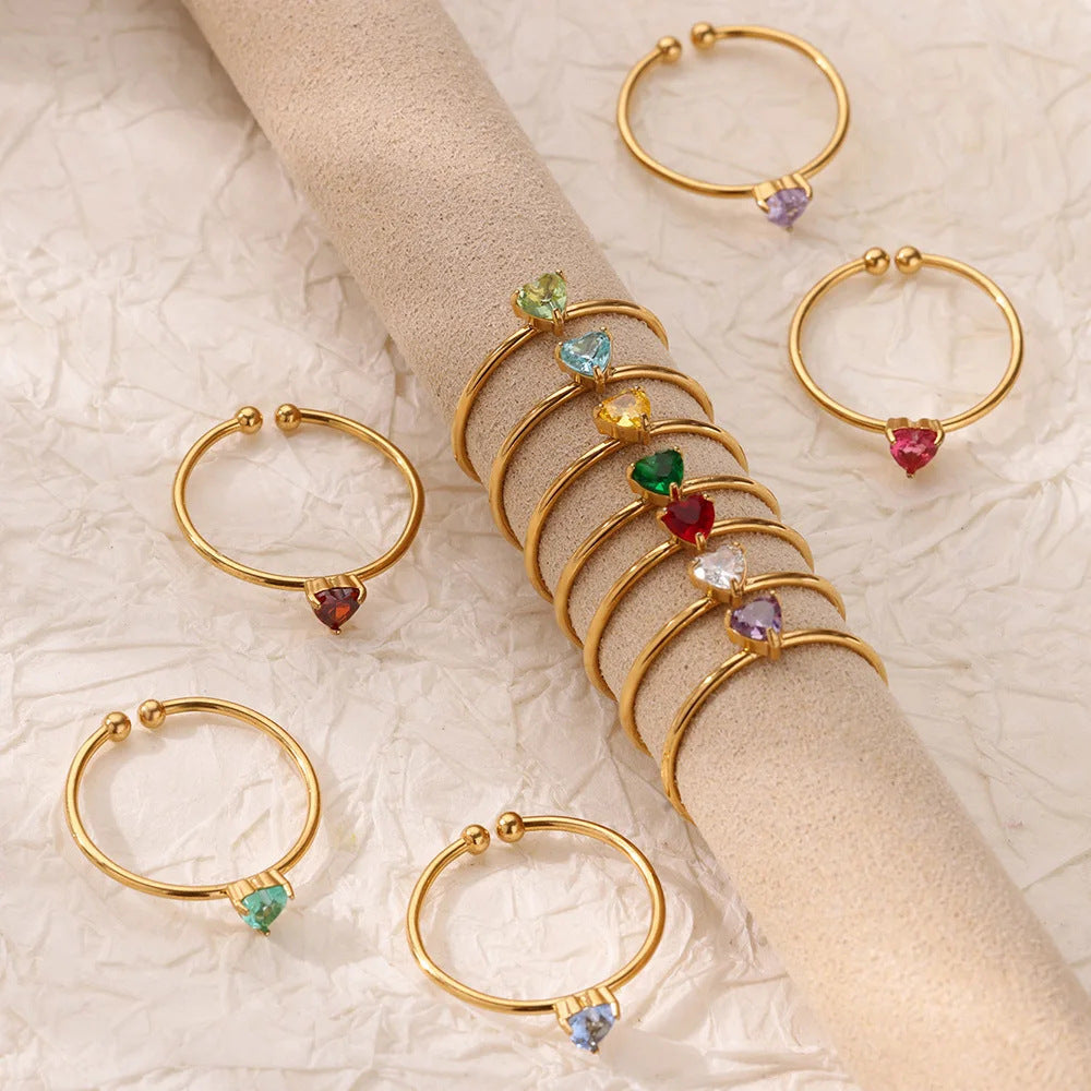 Anello Regolabile Aperto con Pietra del Mese, in Acciaio Titanio Placcato Oro 18K