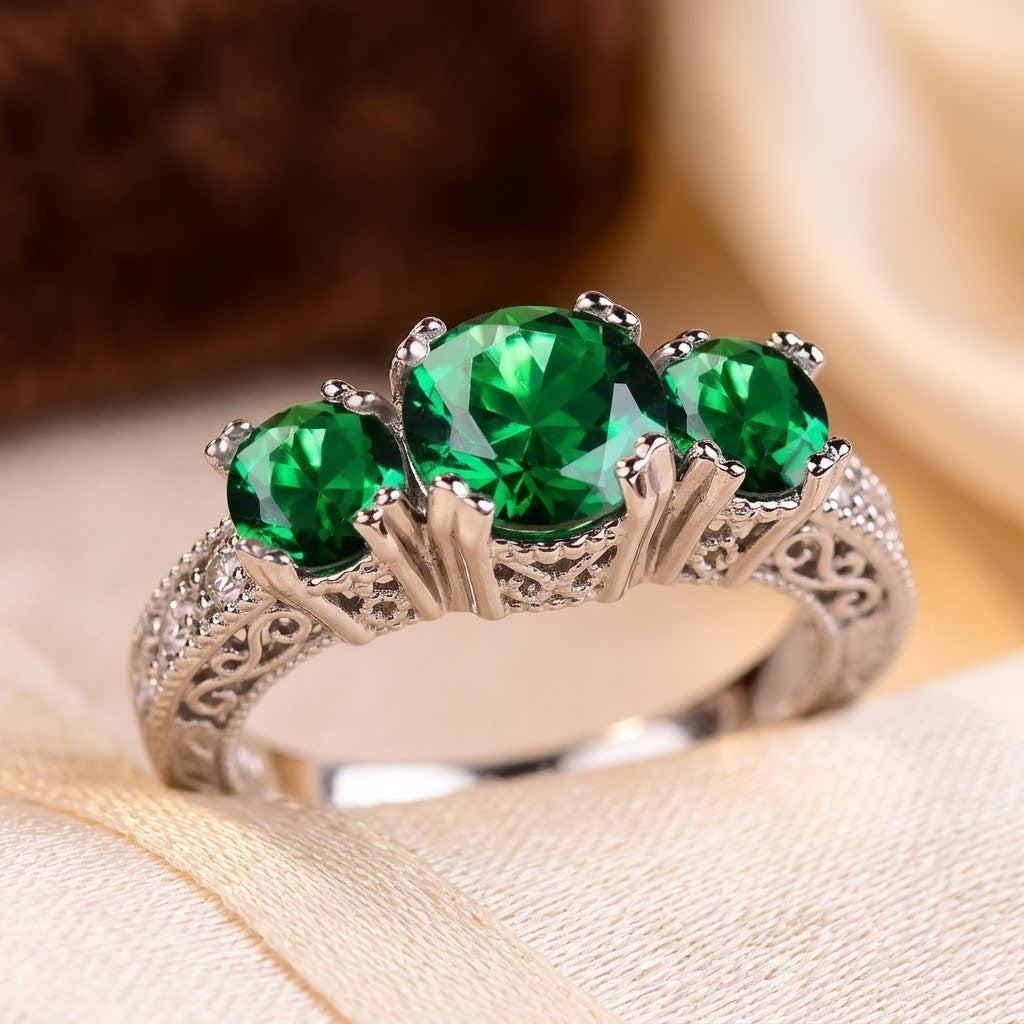 Anello a Tre Pietre in Argento e Smeraldo