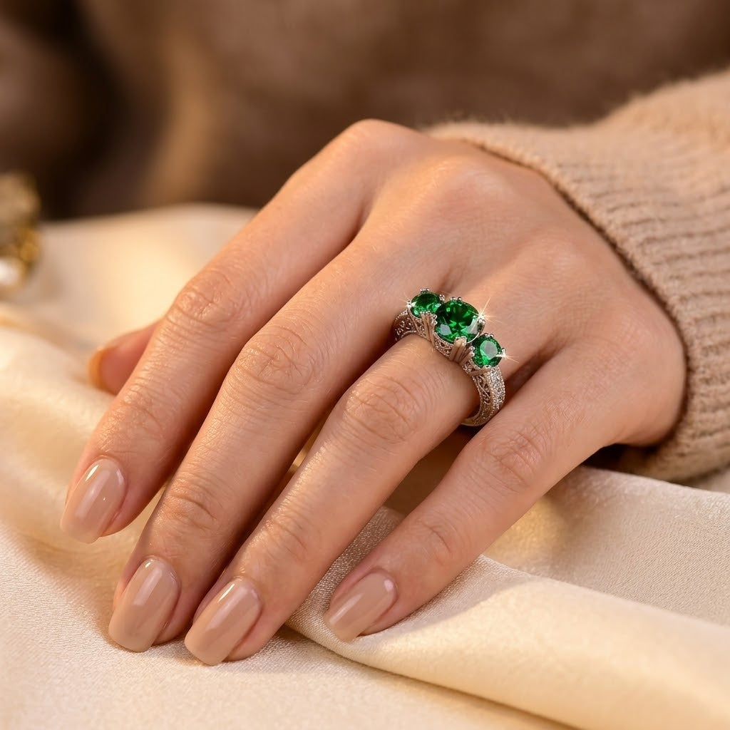 Anello a Tre Pietre in Argento e Smeraldo