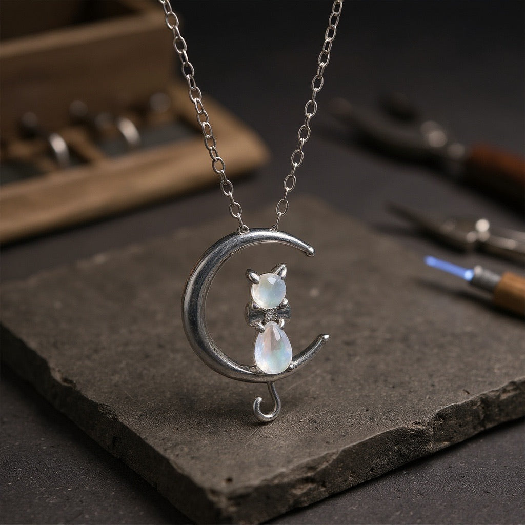 Collana Gattino sulla Falce di Luna con Pietra di Luna