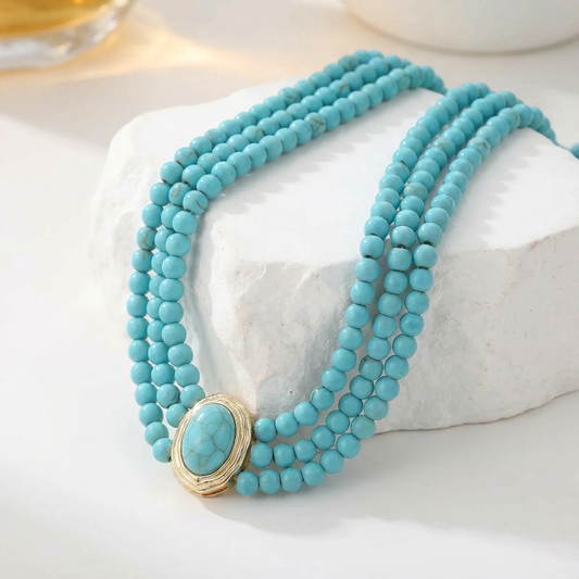 Collana Choker a Tre Fili di Perline Color Turchese | Dorata
