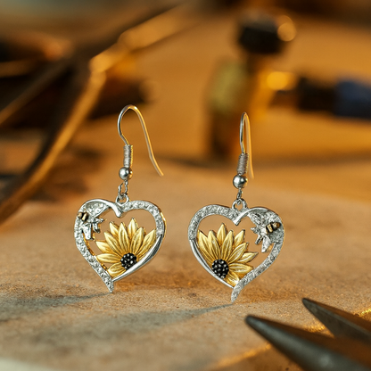 Orecchini Pendenti Cuore con Girasole e Ape – Stile Boho Vintage