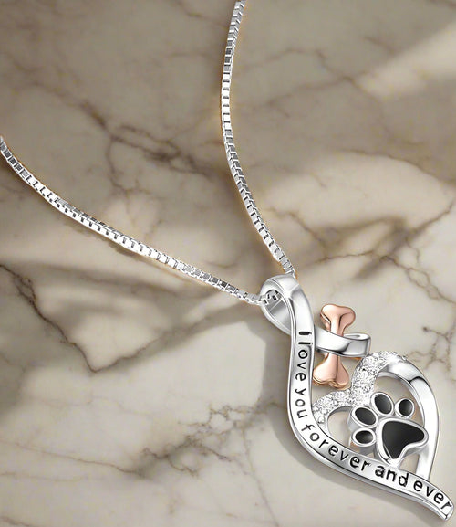 Collana Zampa e Infinito in Argento 925 con Cuore e Osso
