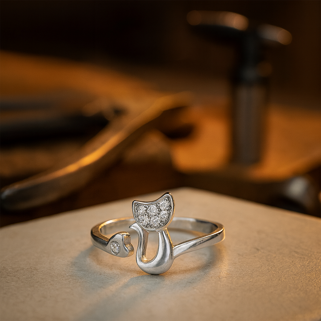 Anello Aperto a Forma di Gatto – Zirconia Cubica