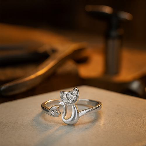 Anello Aperto a Forma di Gatto – Zirconia Cubica