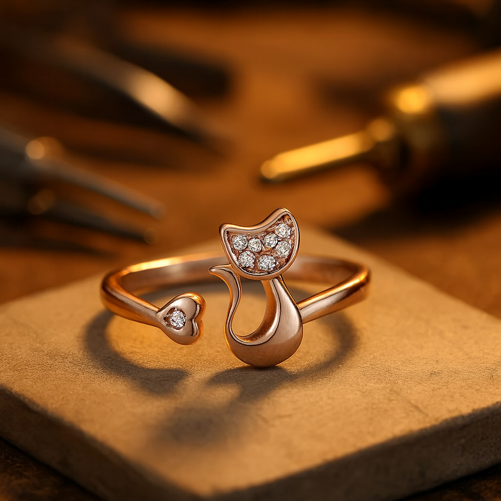 Anello Aperto a Forma di Gatto – Zirconia Cubica