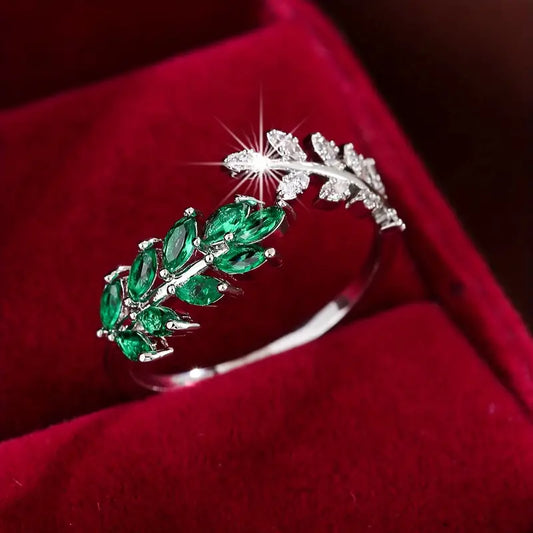 Anello a Foglie Vivara Lyselle | Color Oro Bianco e Verde Smeraldo