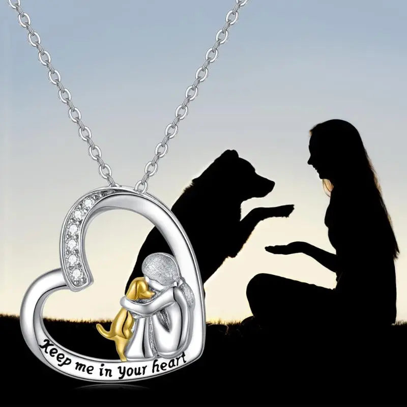 Collana Cuore Ragazza e Cane in Argento 925 con Zirconi