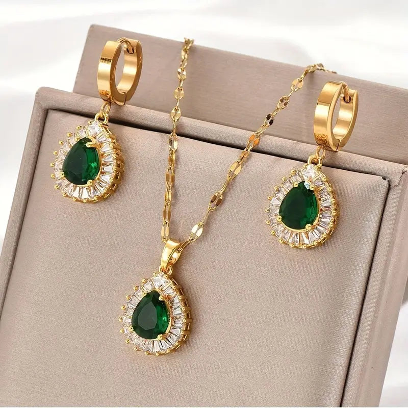 Set Collana e Orecchini Rheya Lysandelle | Dorato, Verde Smeraldo