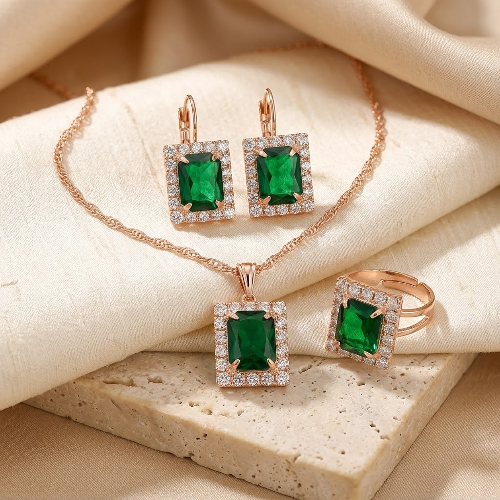 Set di Gioielli Rettangolari in Oro e Smeraldo