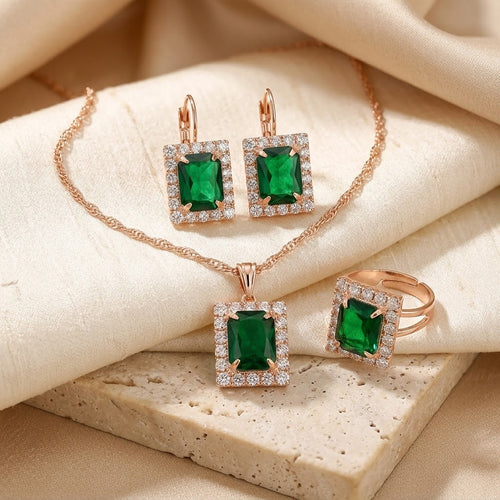 Set di Gioielli Rettangolari in Oro e Smeraldo