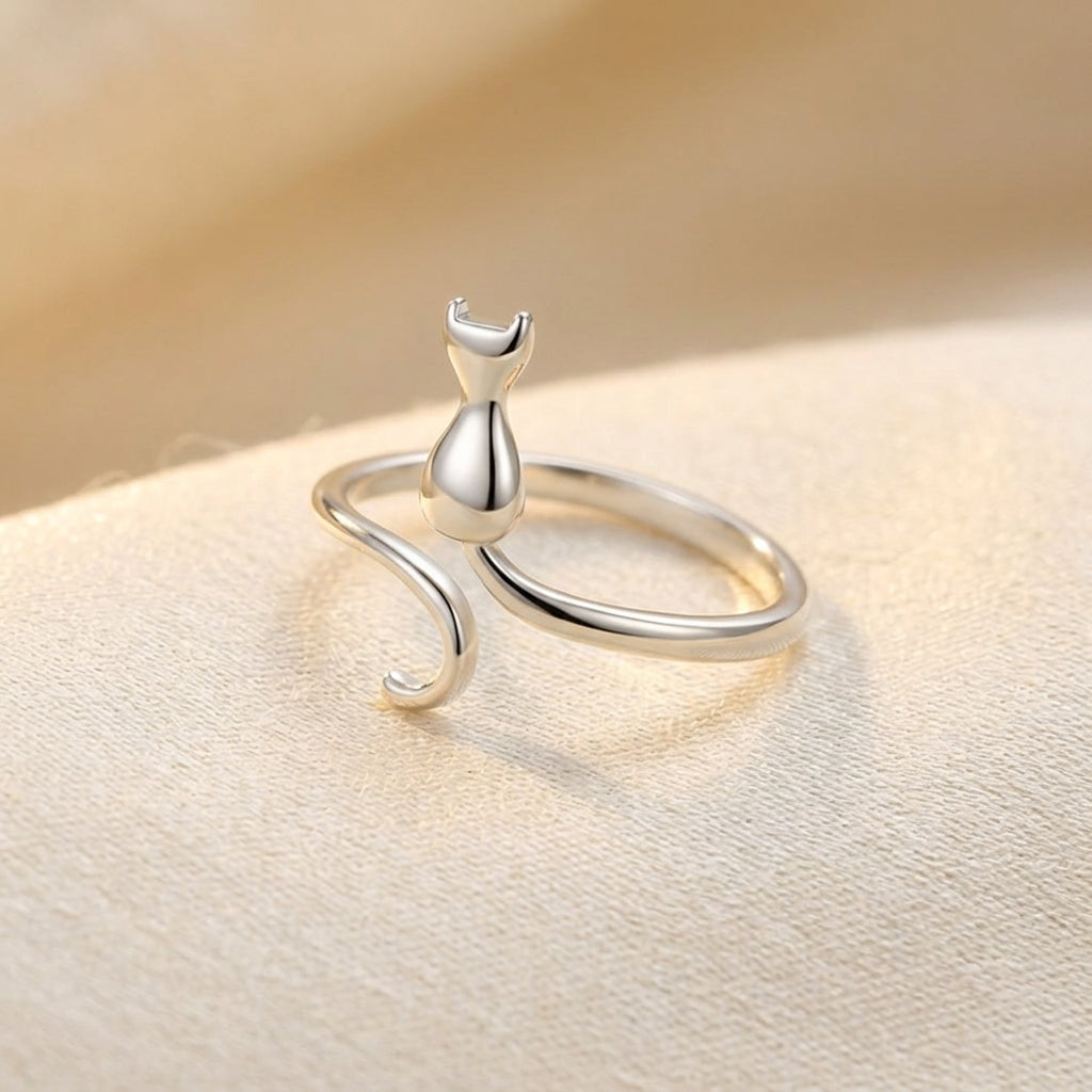 Anello con Motivo di Gatto Argento
