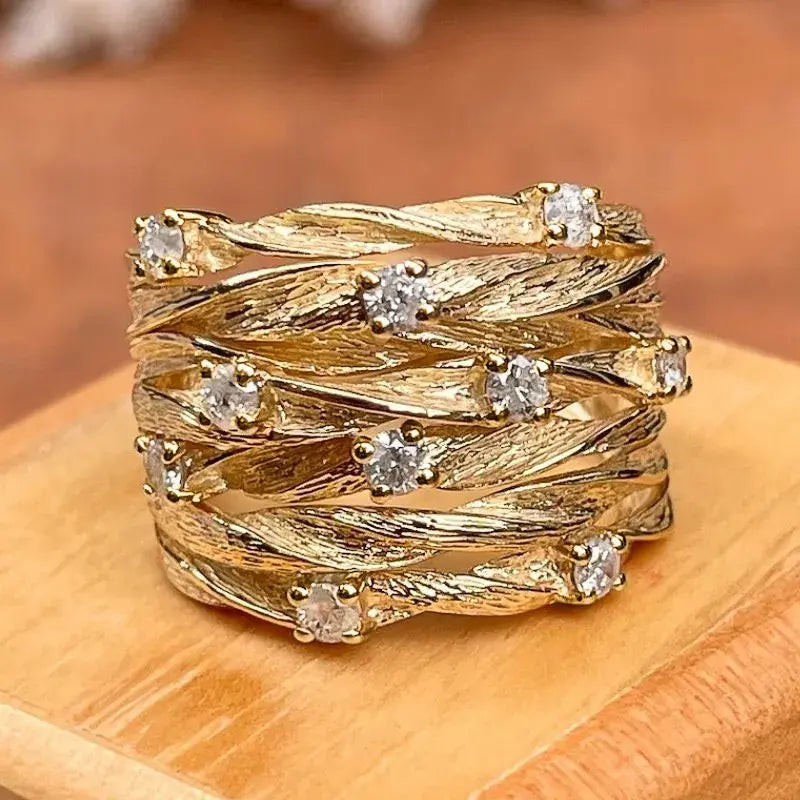 Anello Vintage a Fasce Intrecciate Color Oro con Pietre