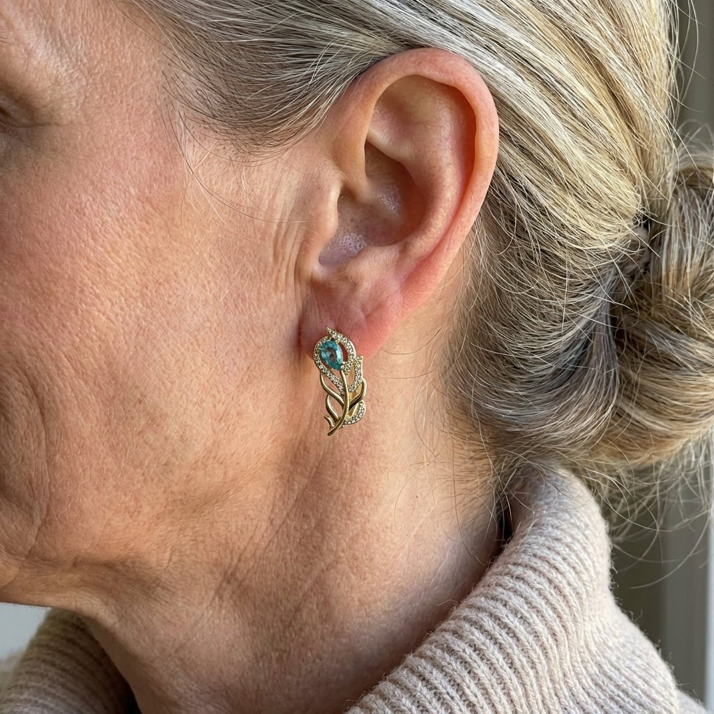Orecchini a Foglia Boho con Pietra Azzurra e Strass | Dorati