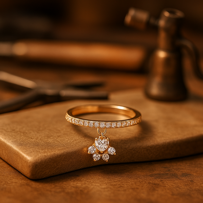 Anello Vintage con Zampa di Gatto e Pietra a Cuore – Tonalità Oro e Argento