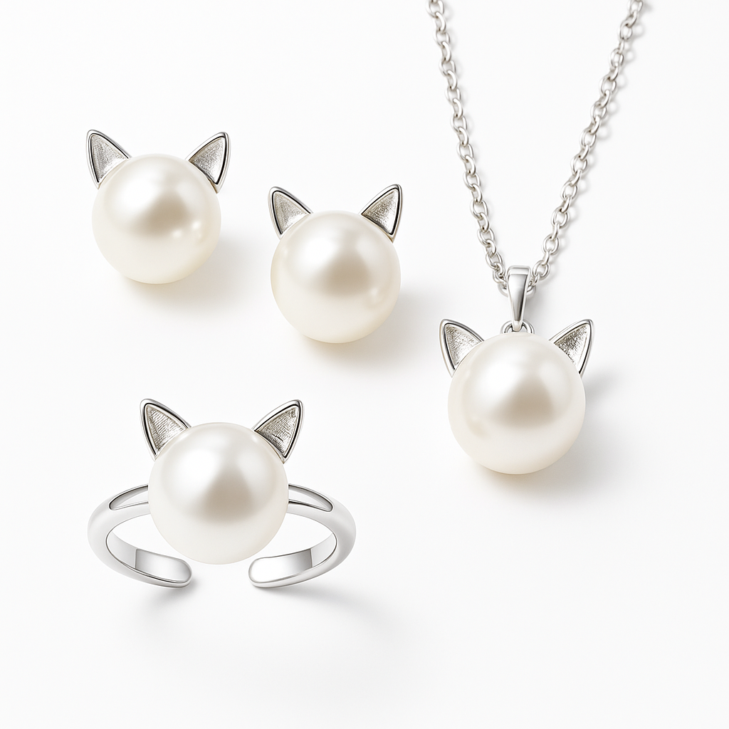 Collana Gatto con Perla + Orecchini e Anello in Omaggio – Argento 925