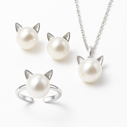 Collana Gatto con Perla + Orecchini e Anello in Omaggio – Argento 925