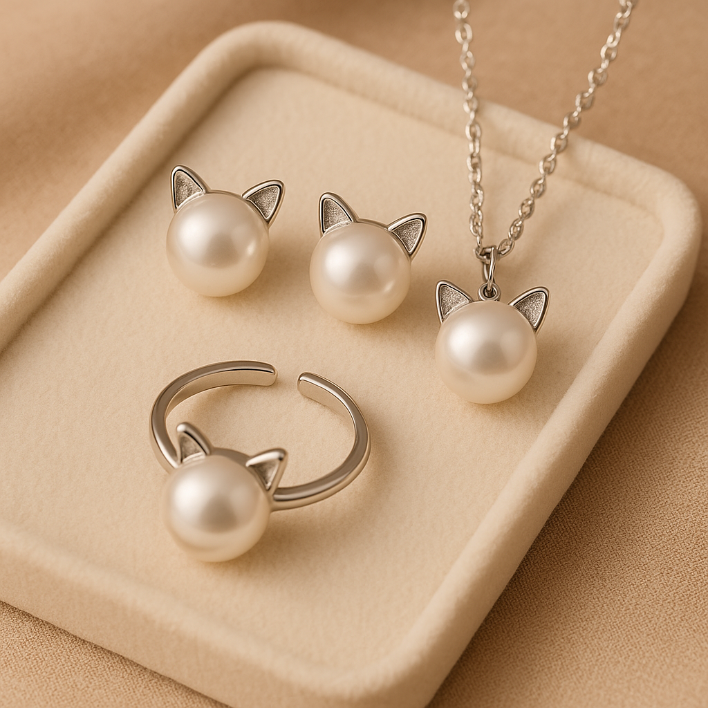 Collana Gatto con Perla + Orecchini e Anello in Omaggio – Argento 925