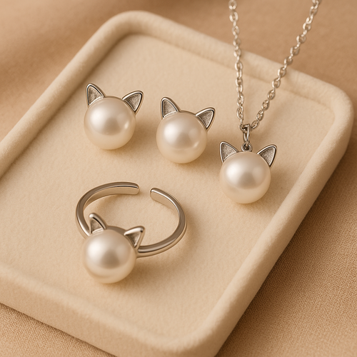 Collana Gatto con Perla + Orecchini e Anello in Omaggio – Argento 925