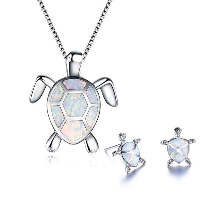 Set Collana e Orecchini Tartaruga Marina – Effetto Opale e Argento