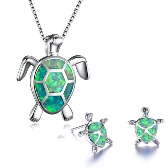 Set Collana e Orecchini Tartaruga Marina – Effetto Opale e Argento