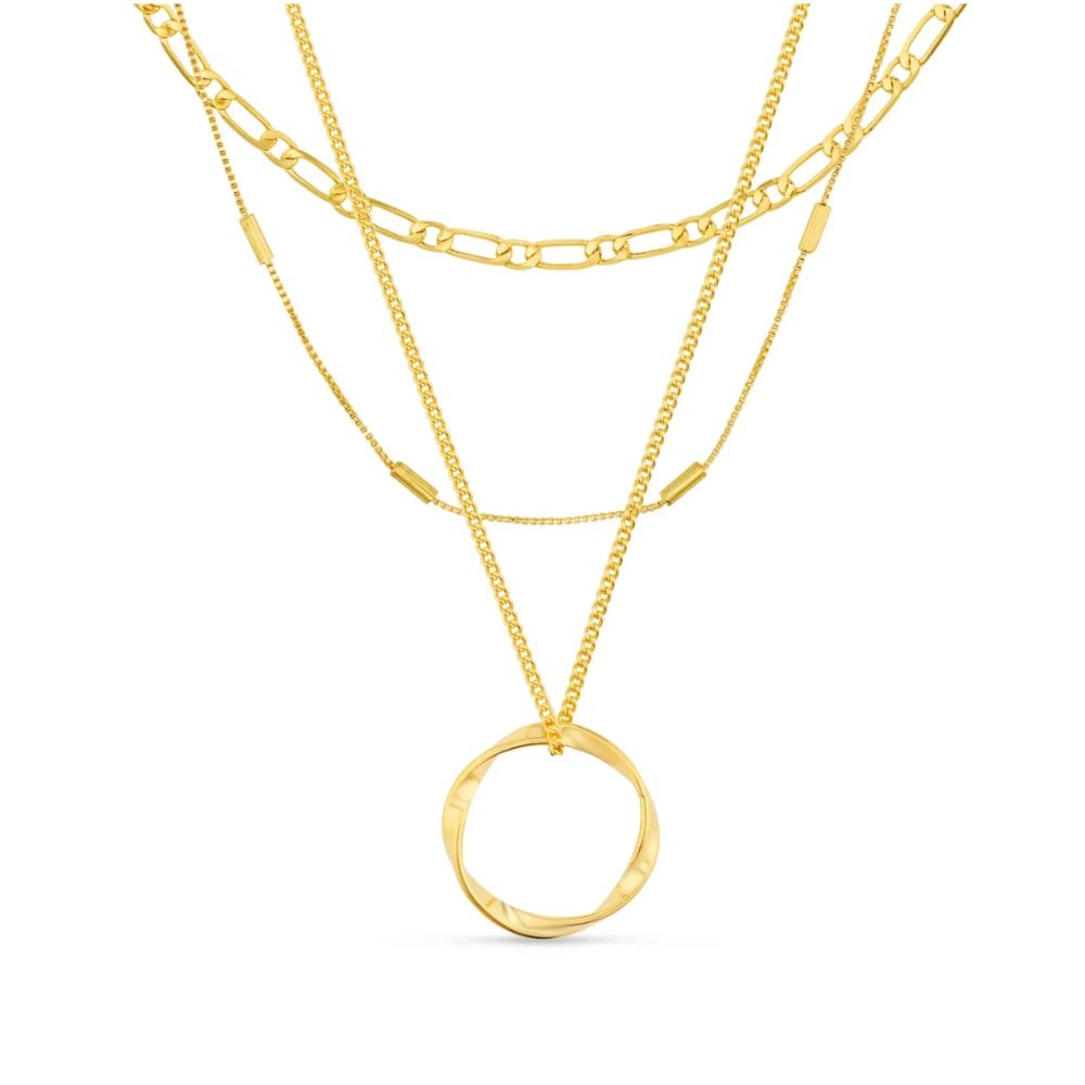 Collana Classica a Tre Fili Color Oro con Ciondolo a Cerchio