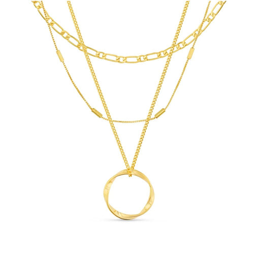 Collana Classica a Tre Fili Color Oro con Ciondolo a Cerchio