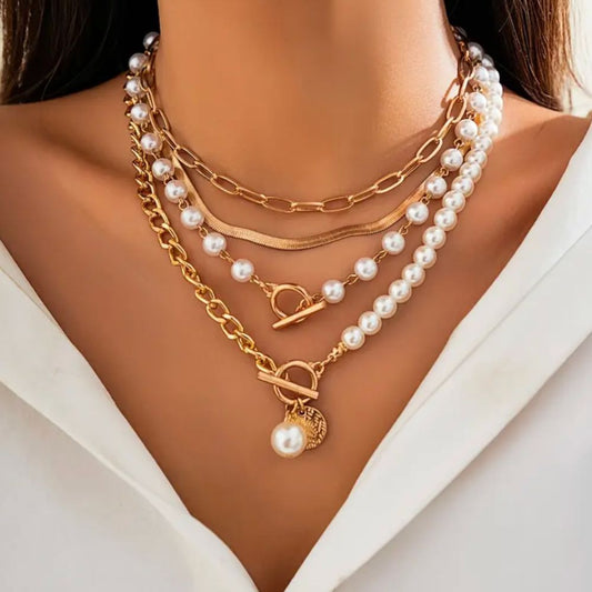 Set di Collane Vintage con Perle e Catena a Serpente Color Oro