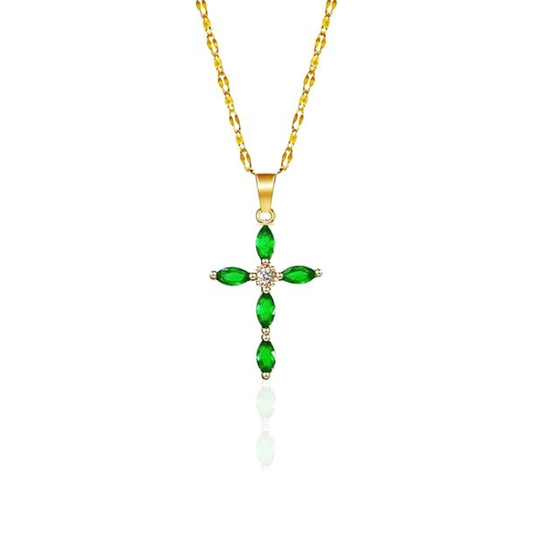 Collana Croce Verde Smeraldo | Dorata con Pietre a Navetta
