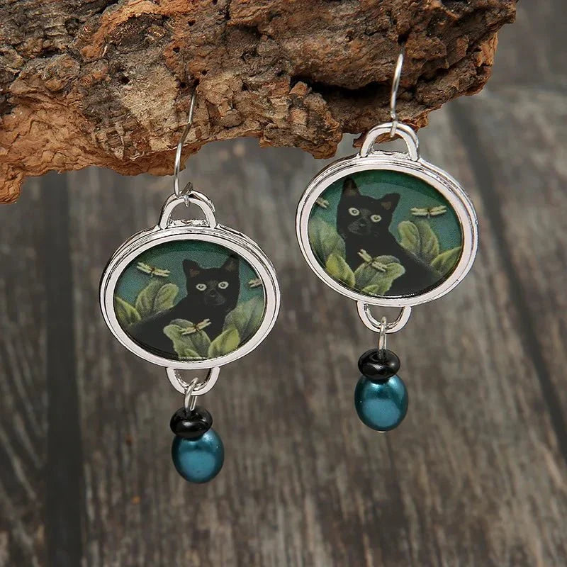 Orecchini Pendenti Gatto Nero Tropicale con Goccia – Stile Vintage