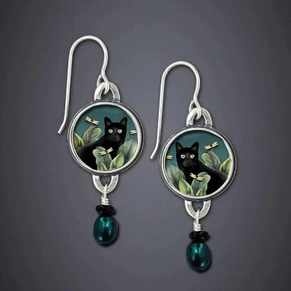Orecchini Pendenti Gatto Nero Tropicale con Goccia – Stile Vintage