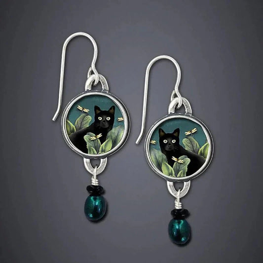 Orecchini Pendenti Gatto Nero Tropicale con Goccia – Stile Vintage