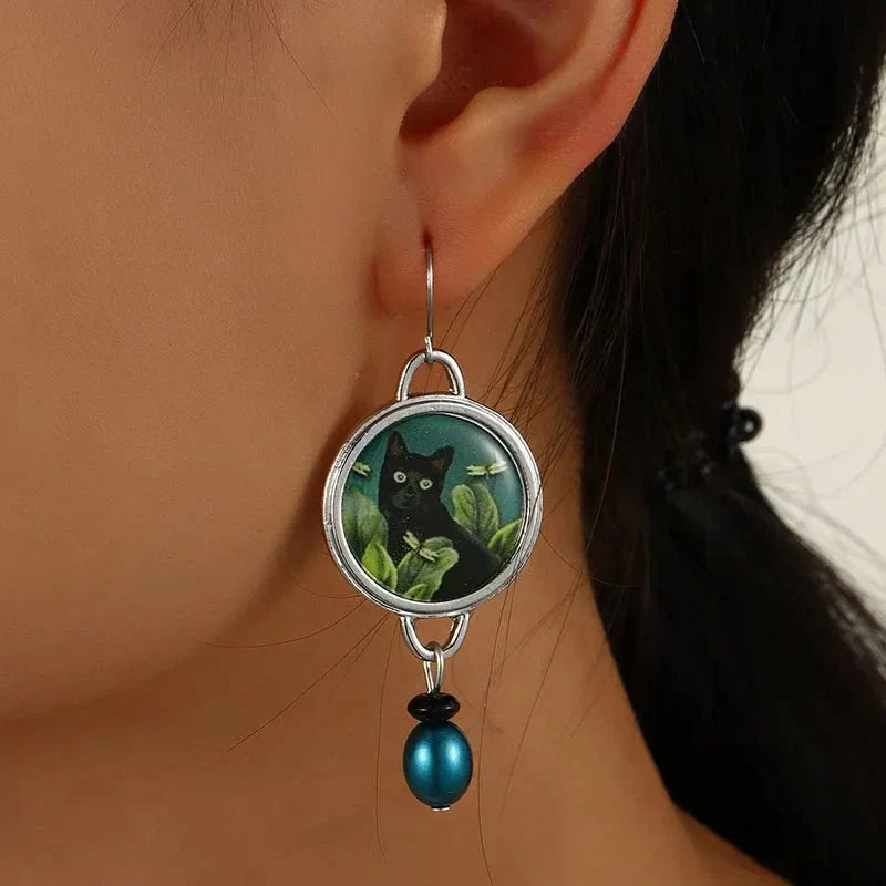 Orecchini Pendenti Gatto Nero Tropicale con Goccia – Stile Vintage